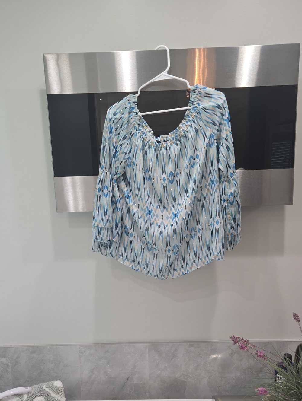 White House Black Market Blue & White Printed Peasant Top